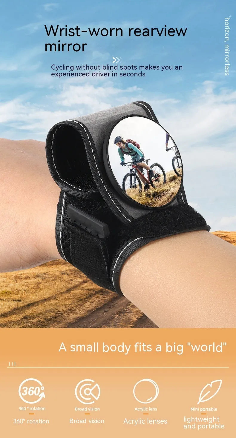Black nylon wrist-mounted rear-view mirror for cyclists and motorcyclists on a textured background.