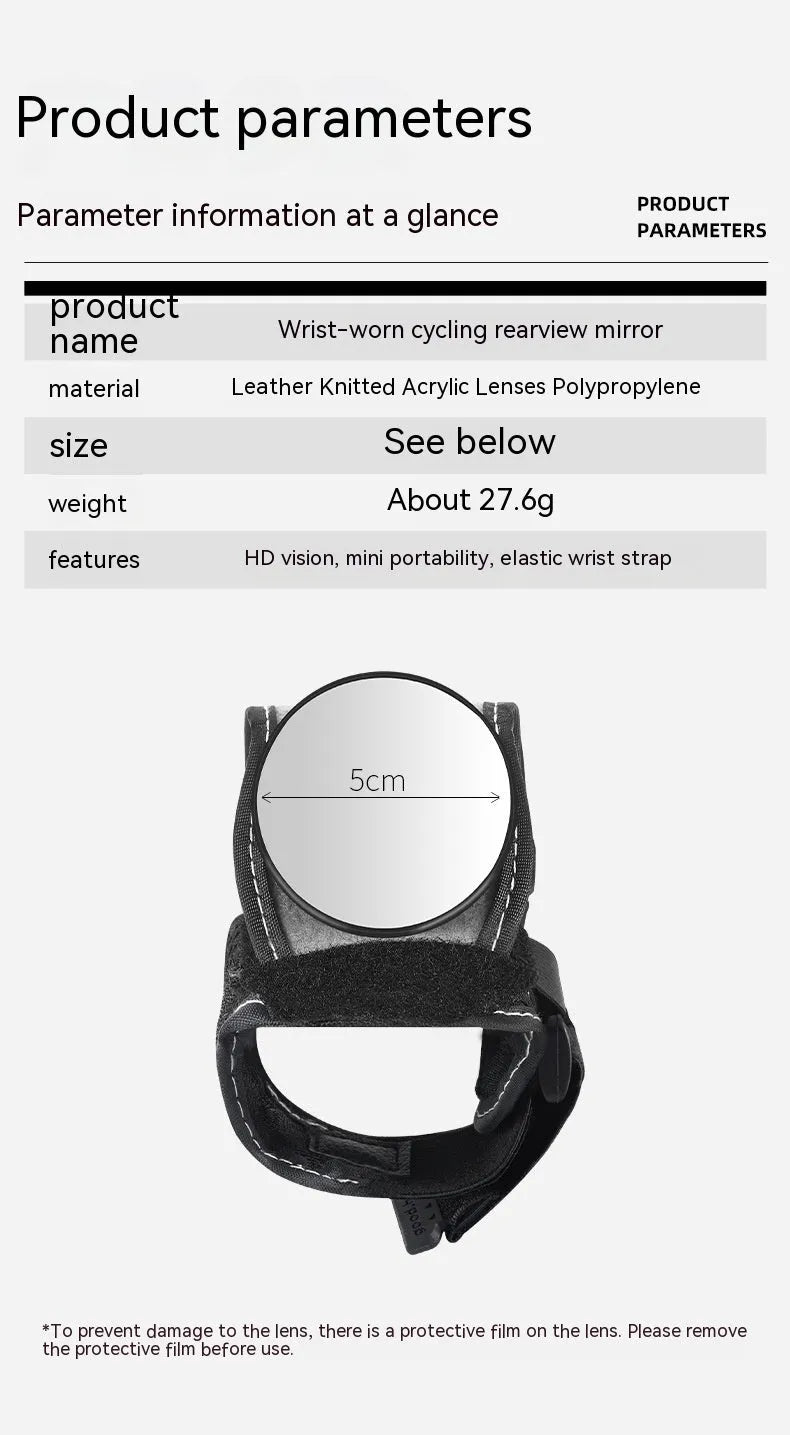 Black nylon wrist-mounted rear-view mirror for cyclists and motorcyclists on a textured background.