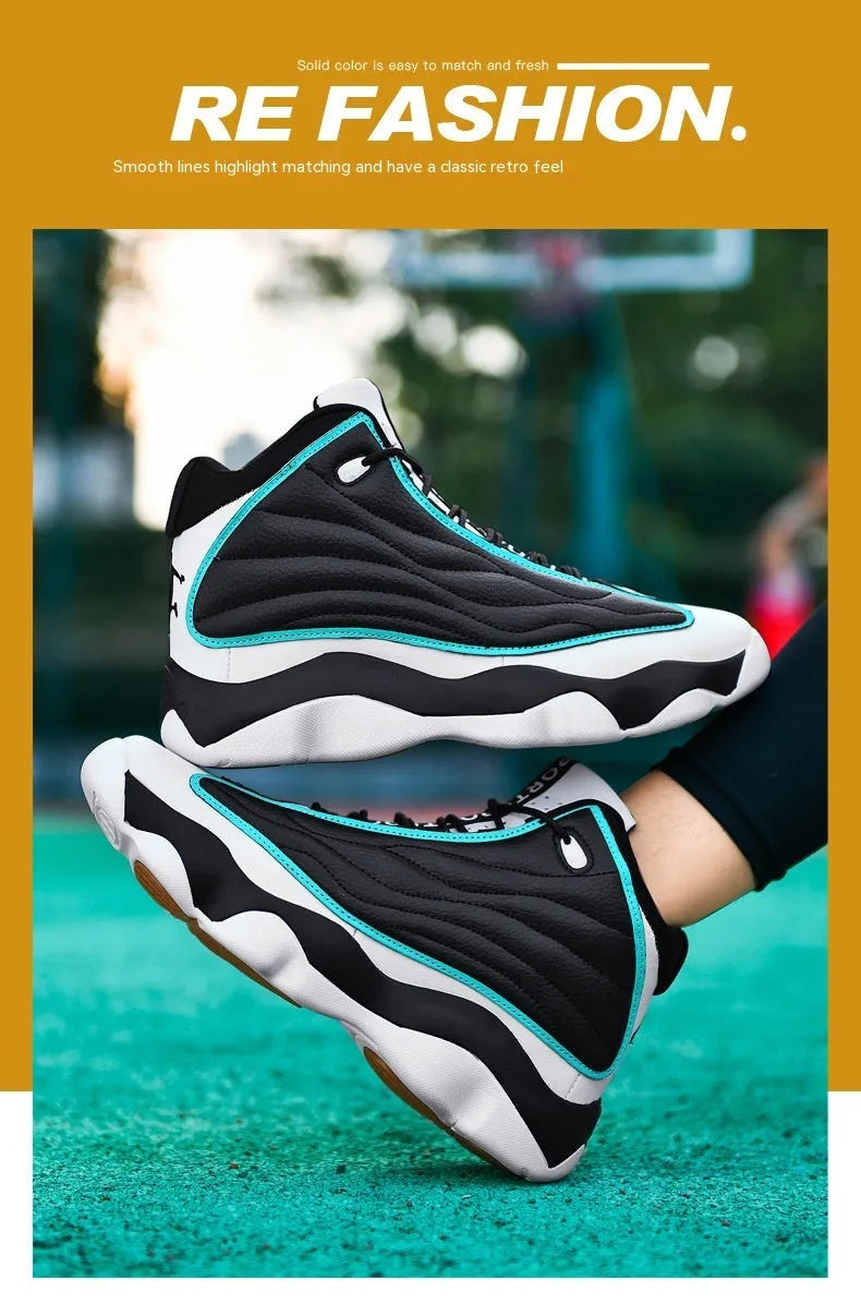 Men's high-top basketball shoes with mesh upper and thick rubber sole in AJ13 colour options.