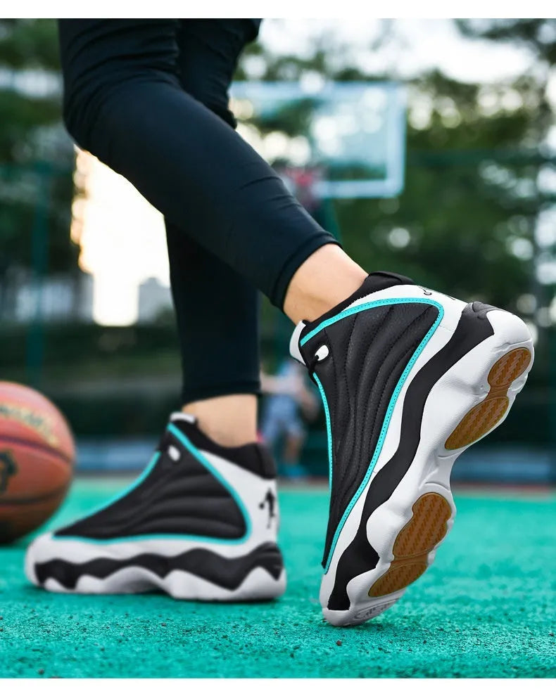 Men's high-top basketball shoes with mesh upper and thick rubber sole in AJ13 colour options.