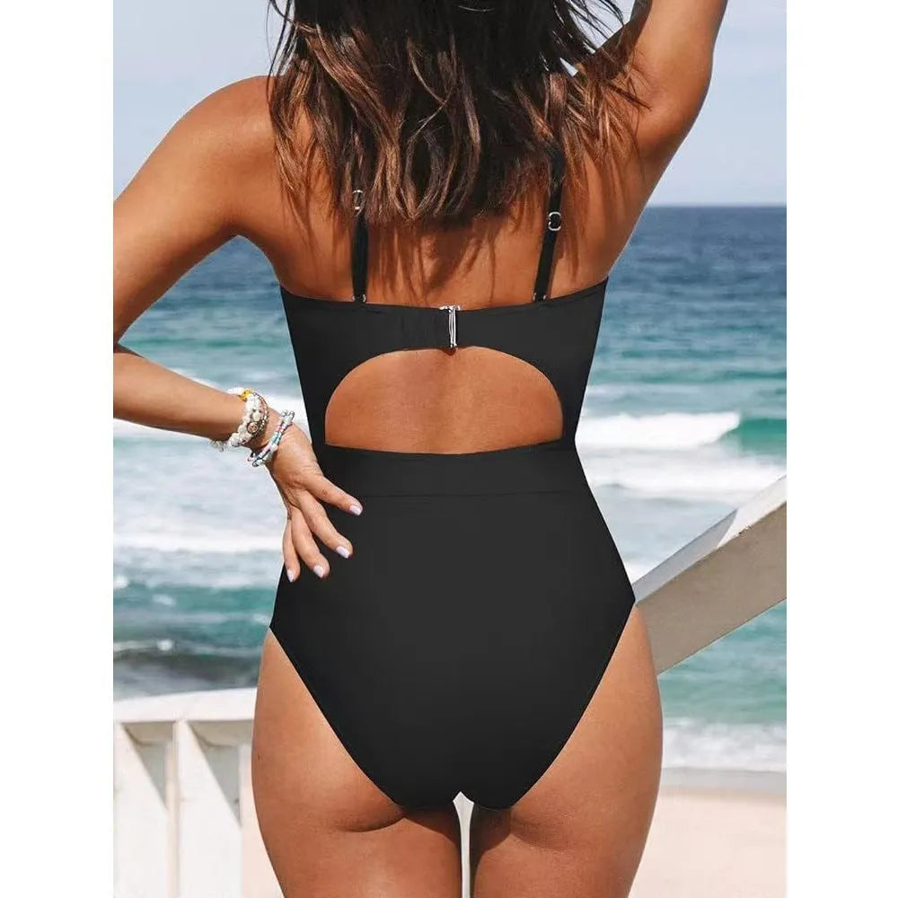 Women's black backless one-piece swimsuit made from high elasticity polyester fabric
