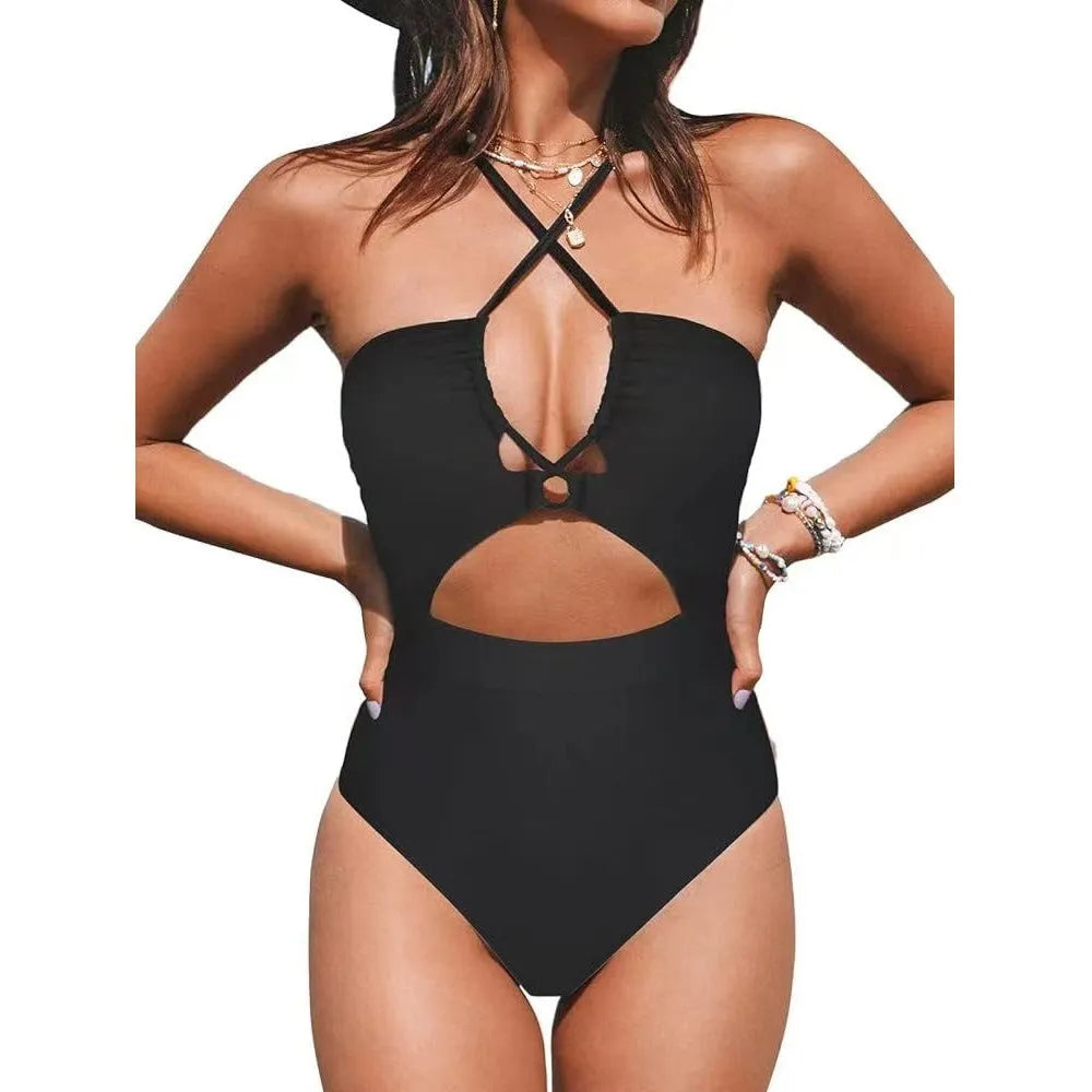 Women's black backless one-piece swimsuit made from high elasticity polyester fabric