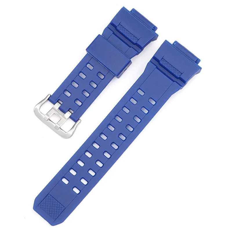 Camouflage pattern TPU watch strap with silver buckle closure shown in multiple colour options