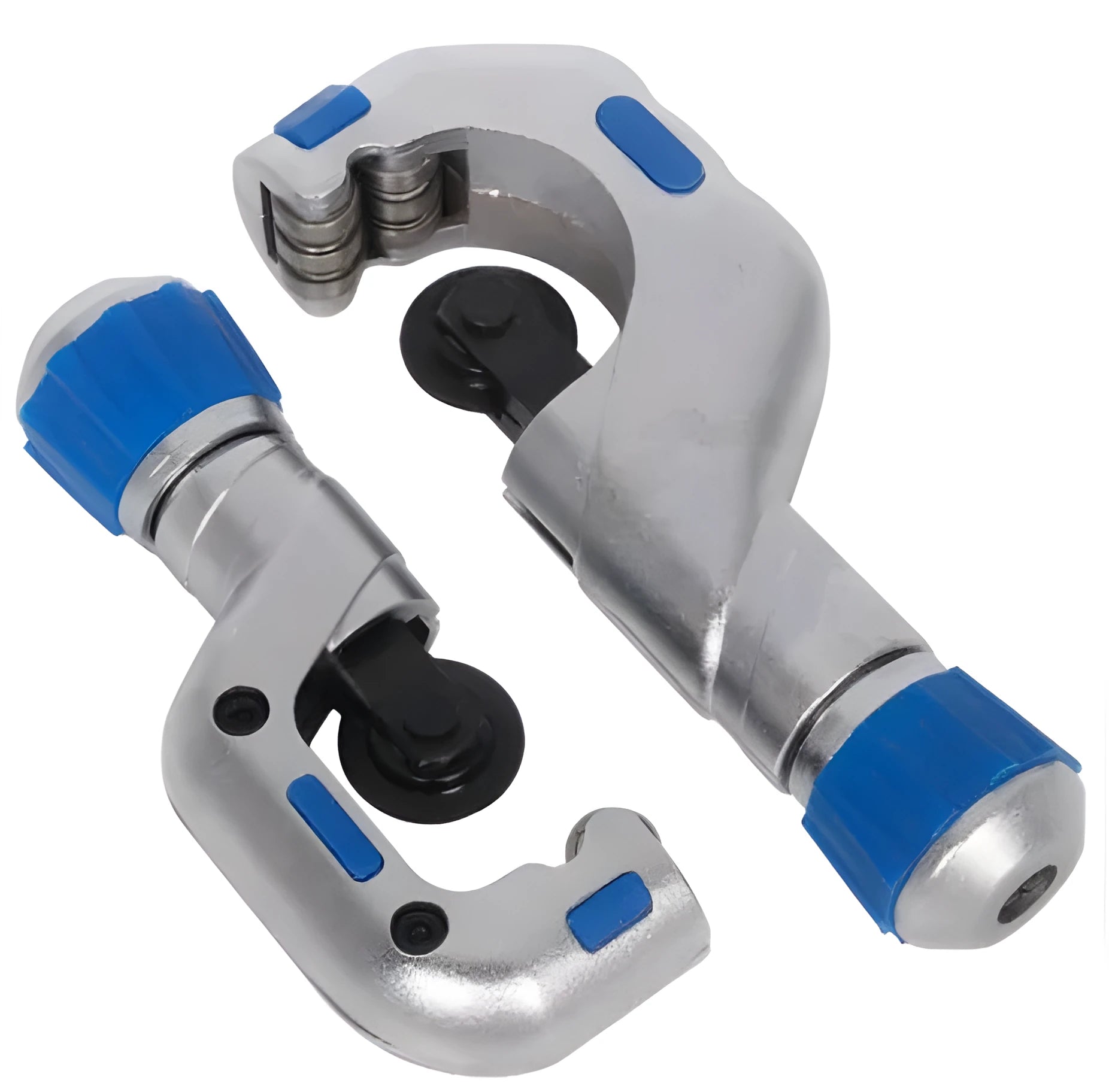 Stainless steel pipe cutter with single blade on a workbench, showing large size option for cutting copper pipes