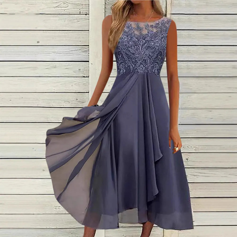 Women's sleeveless chiffon dress with hollow-out lace stitching in green colour