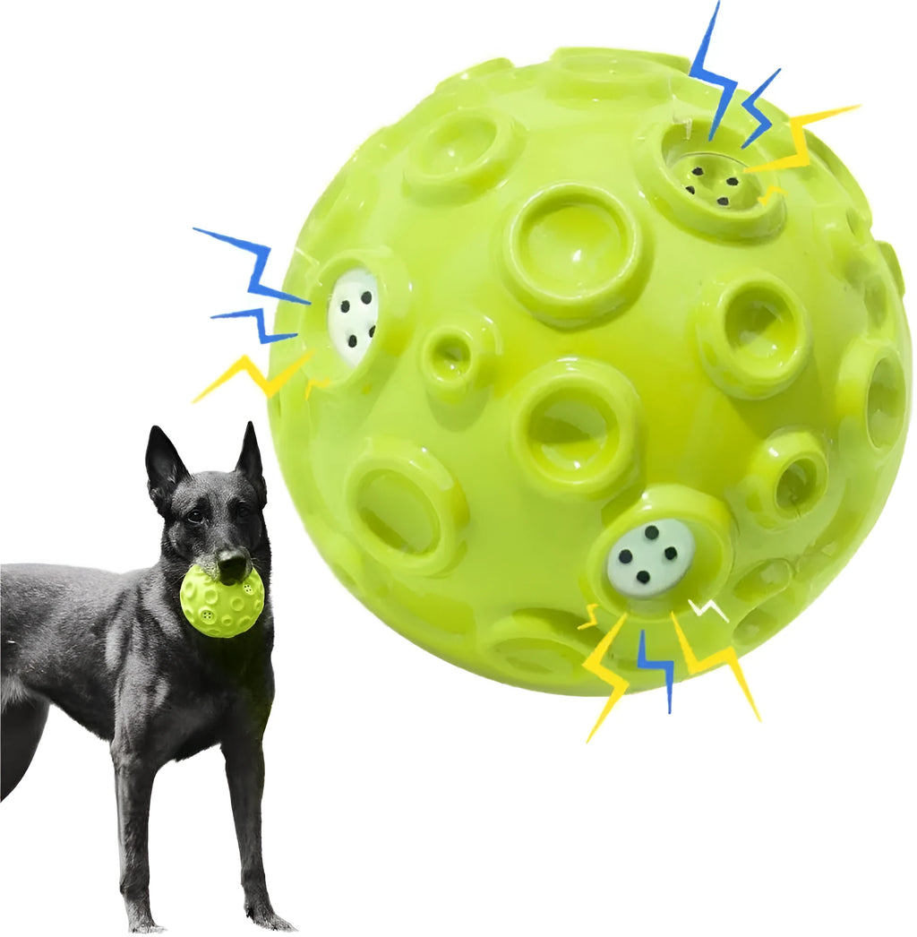Colourful natural rubber dog toy ball with textured meteorite bumps for aggressive chewers with squeaky sound