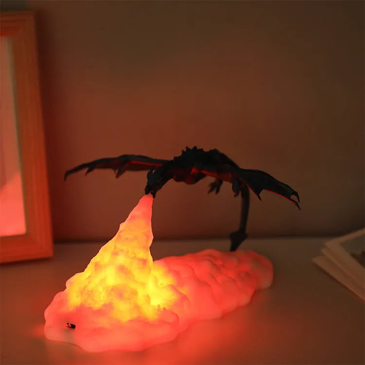 3D printed dragon night light with red breathing effect on dark background
