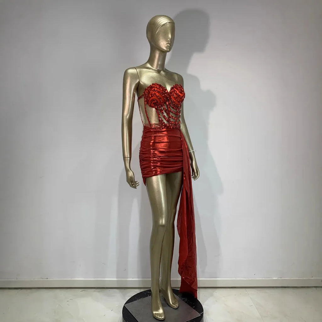 Red mesh stage costume skirt suit with hollow see-through design for banquet performances