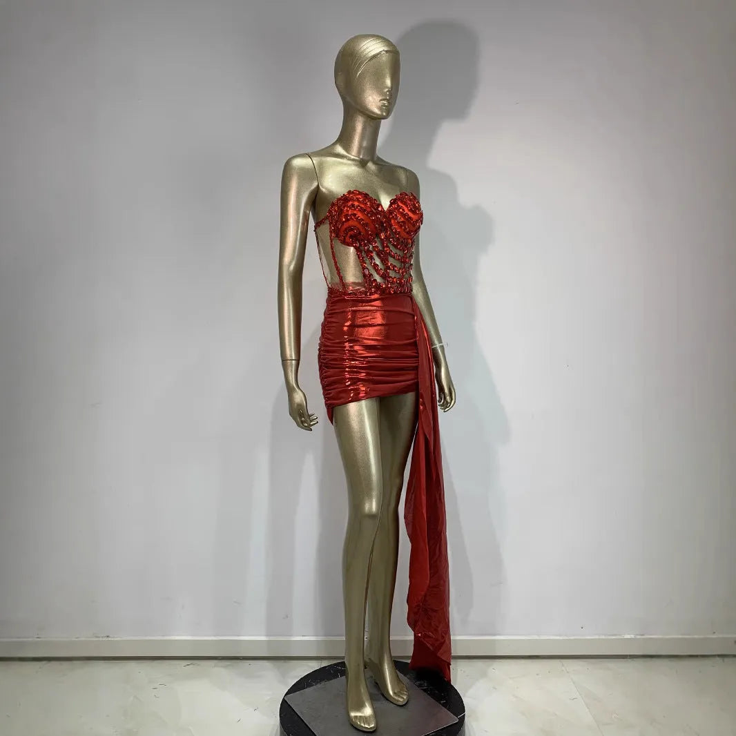 Red mesh stage costume skirt suit with hollow see-through design for banquet performances