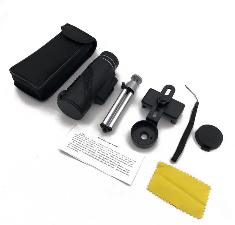 Black HD monocular telescope with 40x magnification and 60mm objective lens for smartphone photography