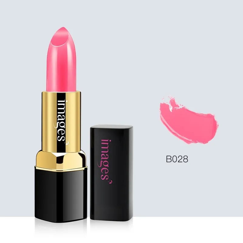 Lipstick lip gloss tube showing colour range including coral red, classic red, and babie pink shades