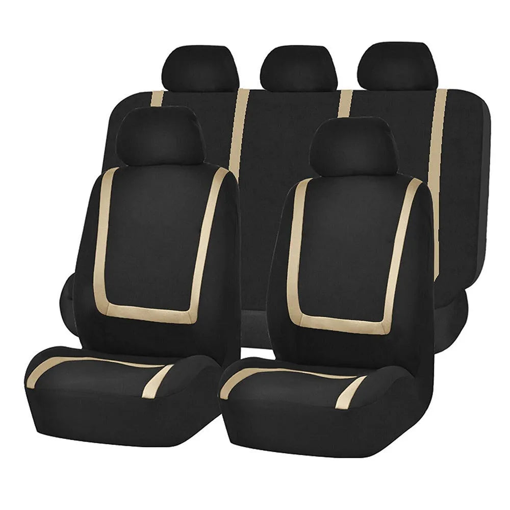 Fully enclosed fabric car seat cover set shown in a two-tone colour on a vehicle seat.