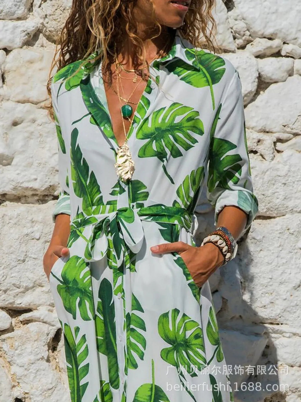 Women's long sleeve V-neck chiffon dress with A-line skirt and printed pattern.
