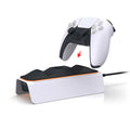 White PS5 dual controller charger with ABS body and UK plug charging two wireless gamepads
