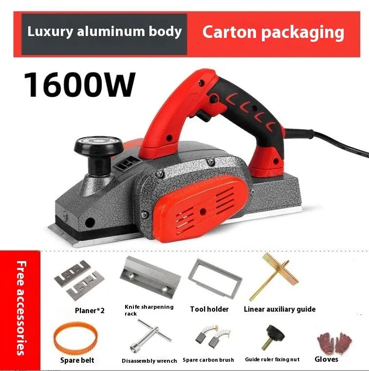 Red desktop electric wood planer with aluminium body showing 82mm cutting width