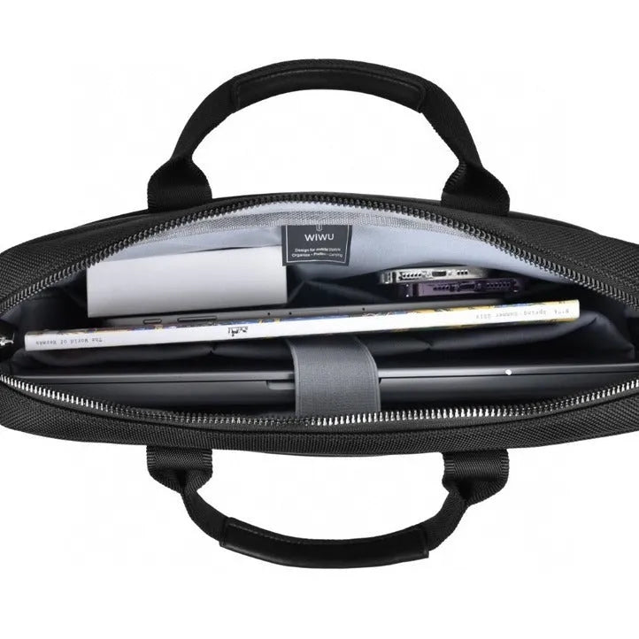 Black waterproof Oxford cloth laptop bag showing multi-pocket organisation and lock feature