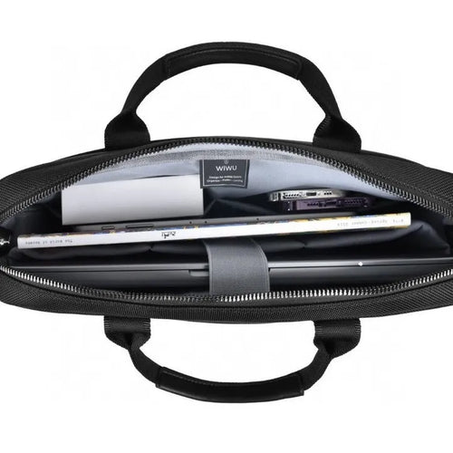 Black waterproof Oxford cloth laptop bag showing multi-pocket organisation and lock feature