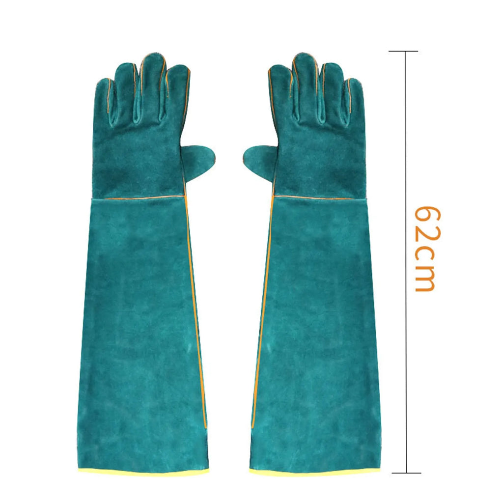 Dark green cowhide leather animal handling gloves with extended sleeve cuffs.