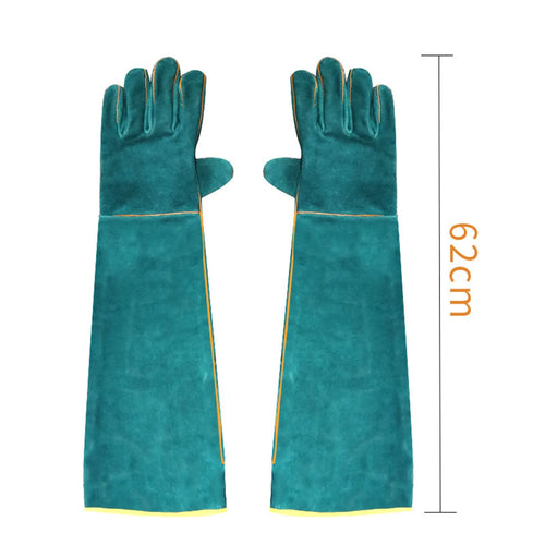 Dark green cowhide leather animal handling gloves with extended sleeve cuffs.