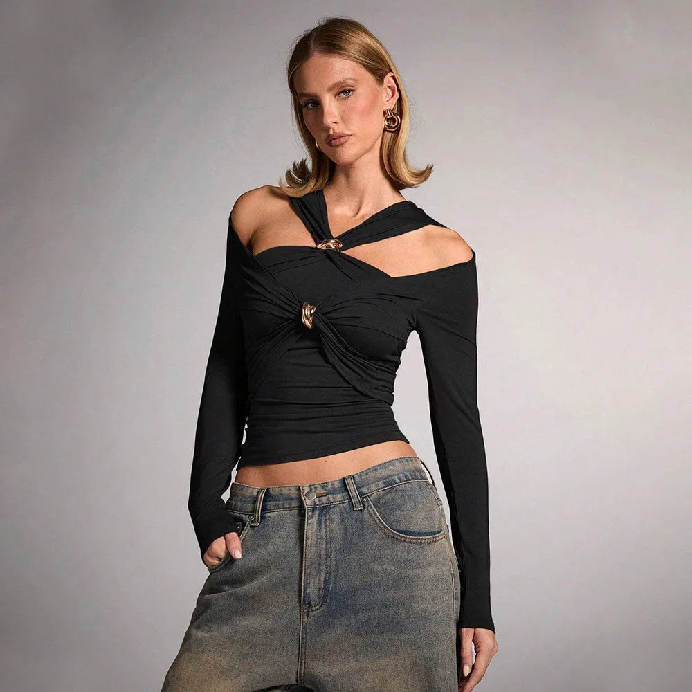 Black women's slim fit halter top with strapless shoulder-baring design.
