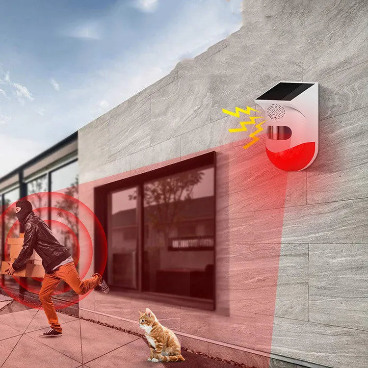 Solar-powered infrared security alarm with wall mount and remote control