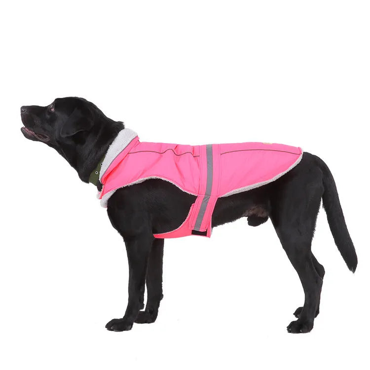 Reflective winter dog coat in pink, with harness holes, lay flat