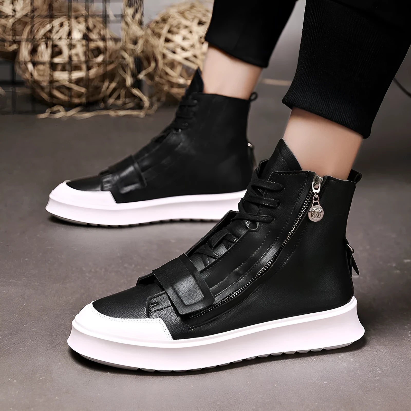 Men's black and white high-top sneaker style winter ankle boots made from PU leather microfiber.