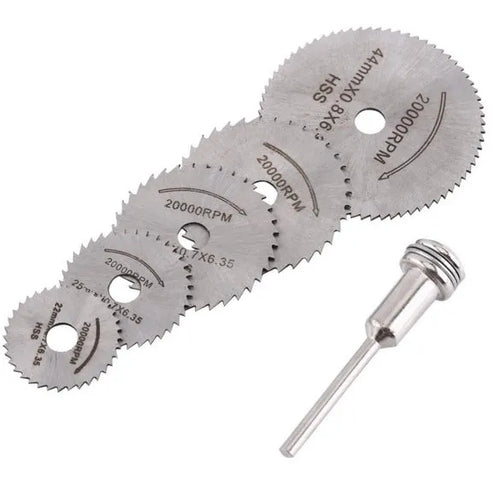 Six circular saw blades with mandrel for woodworking tools, high-speed steel construction
