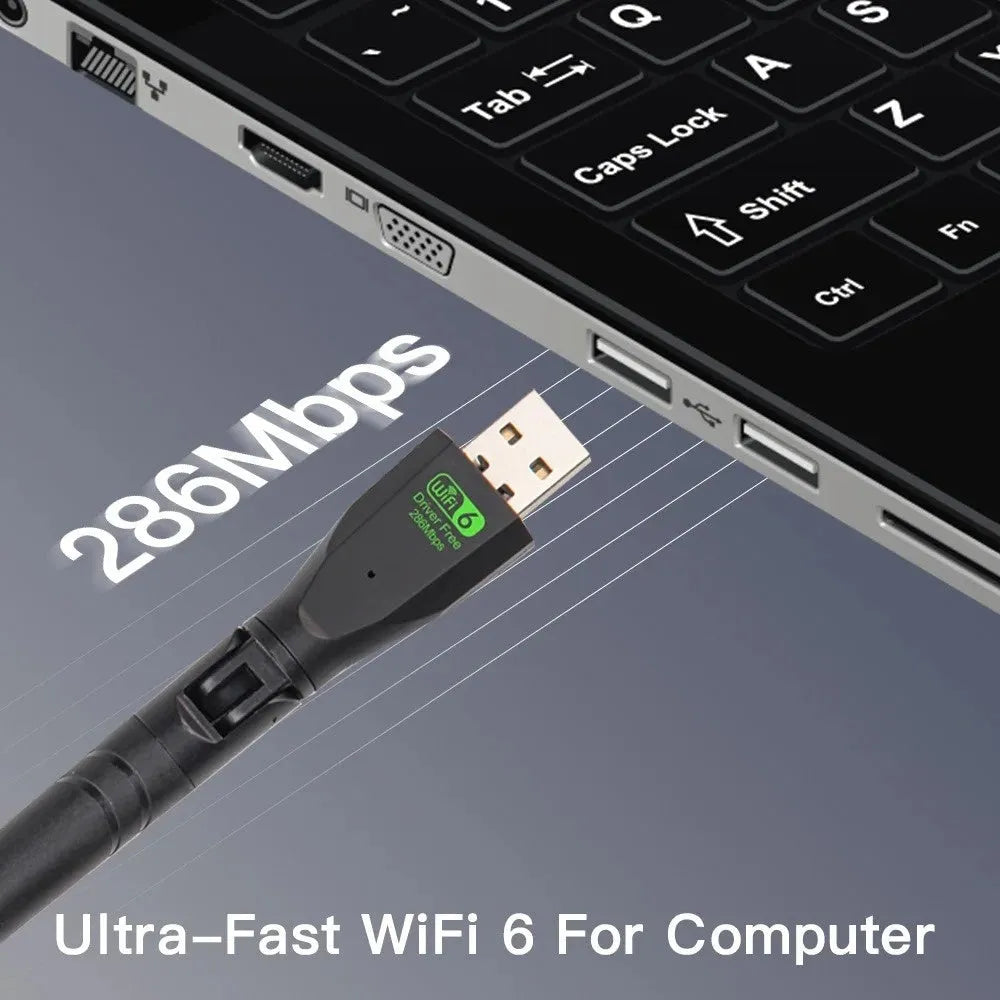 Black USB WiFi6 wireless network card with driver-free operation for computer connectivity