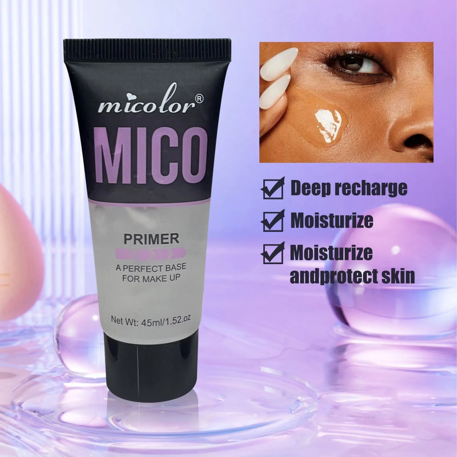 Makeup primer and finishing spray two-in-one product in monochrome packaging