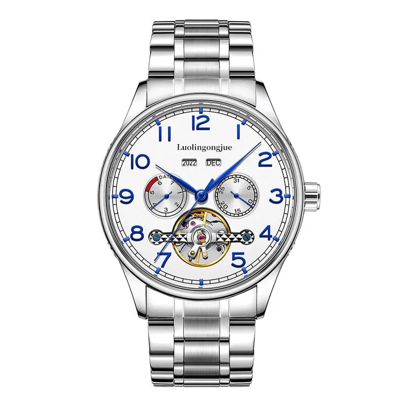 Men's stainless steel mechanical business watch with sapphire crystal glass and transparent case back