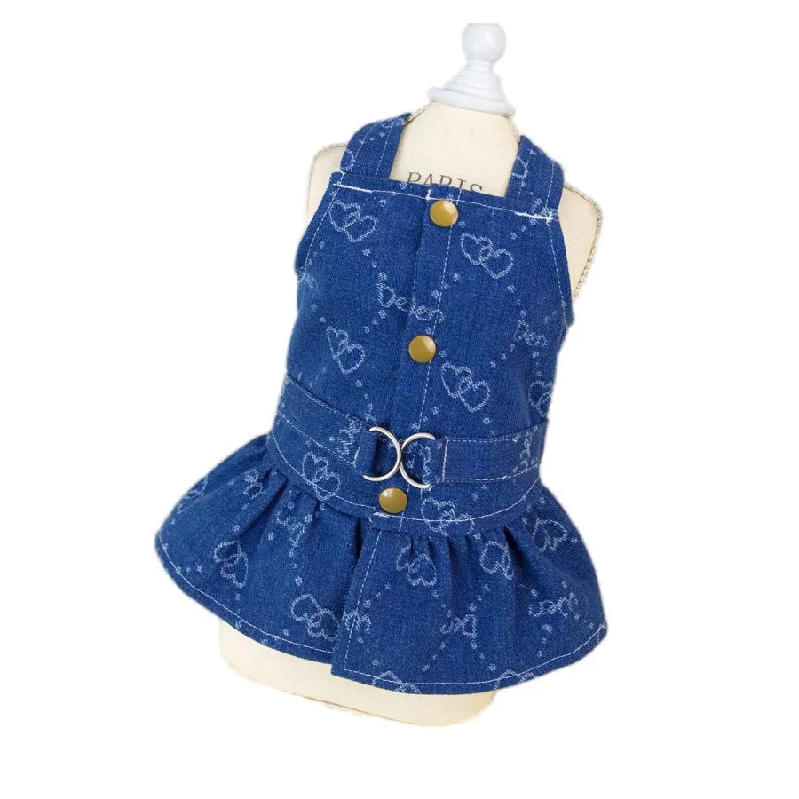 Blue denim Teddy Bichon pet dress in princess style with bracket skirt design