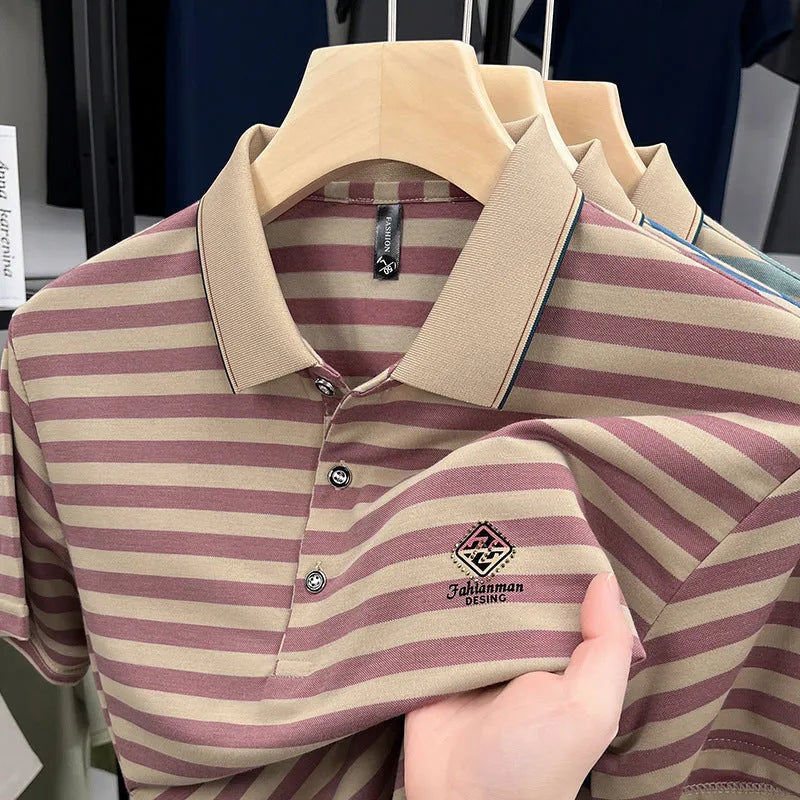 Striped men's casual short sleeve t-shirt with mosaic pattern detail in polyester, available in red, blue, and green colours