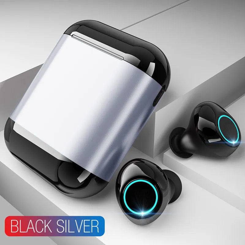 Bluetooth wireless earplugs in black, gold, or light grey colours with TWS design showing separate left and right earpieces