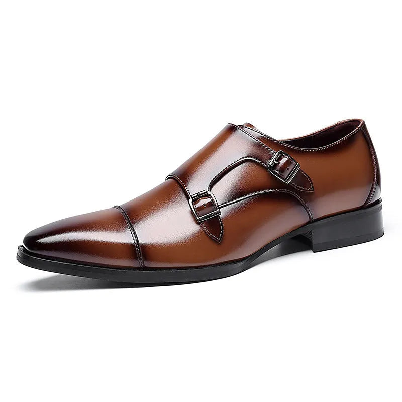 Men's square-toe leather shoes in black and light brown, showing low-top design and rubber sole.