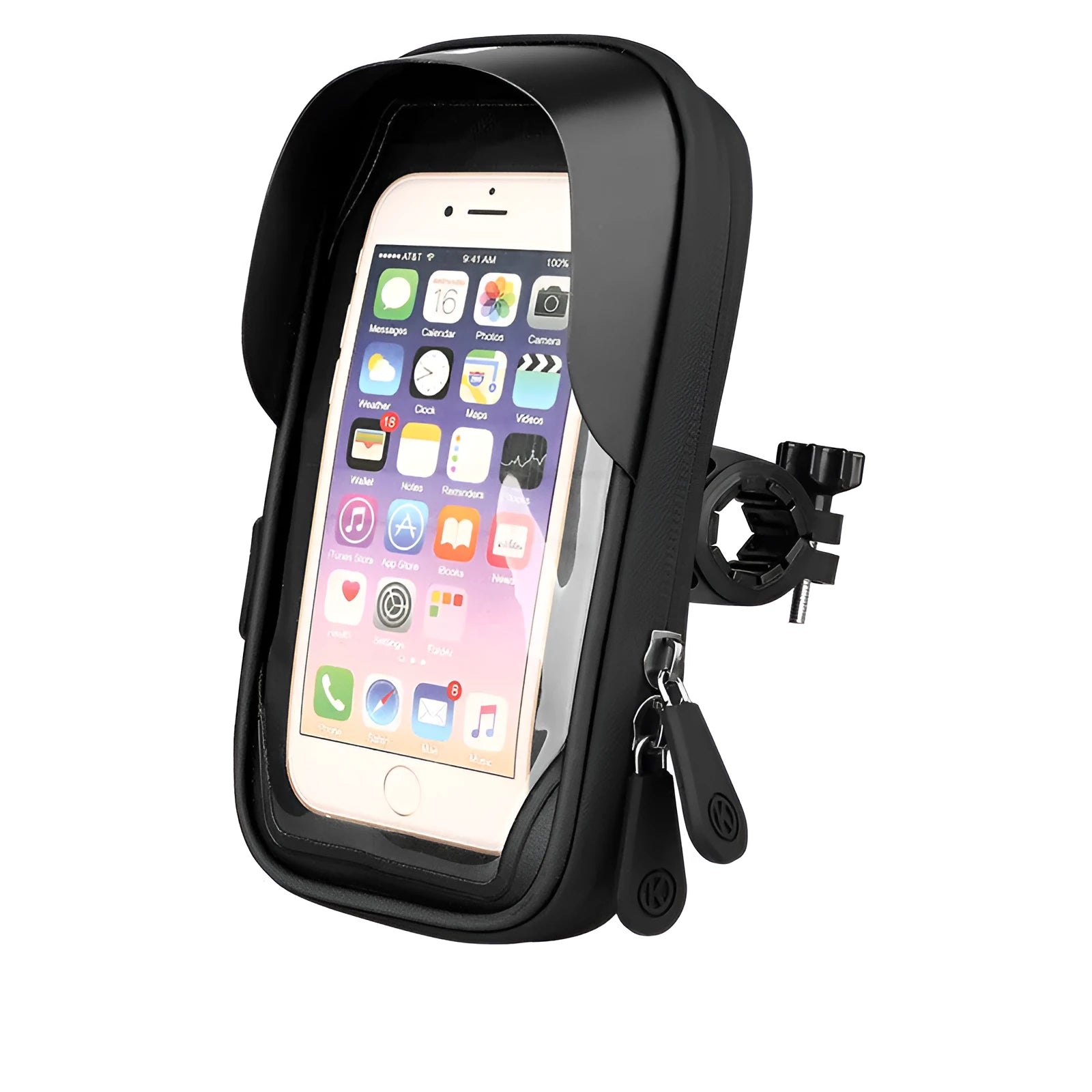 TPU mobile phone stand mounted on bicycle handlebar showing smartphone in use