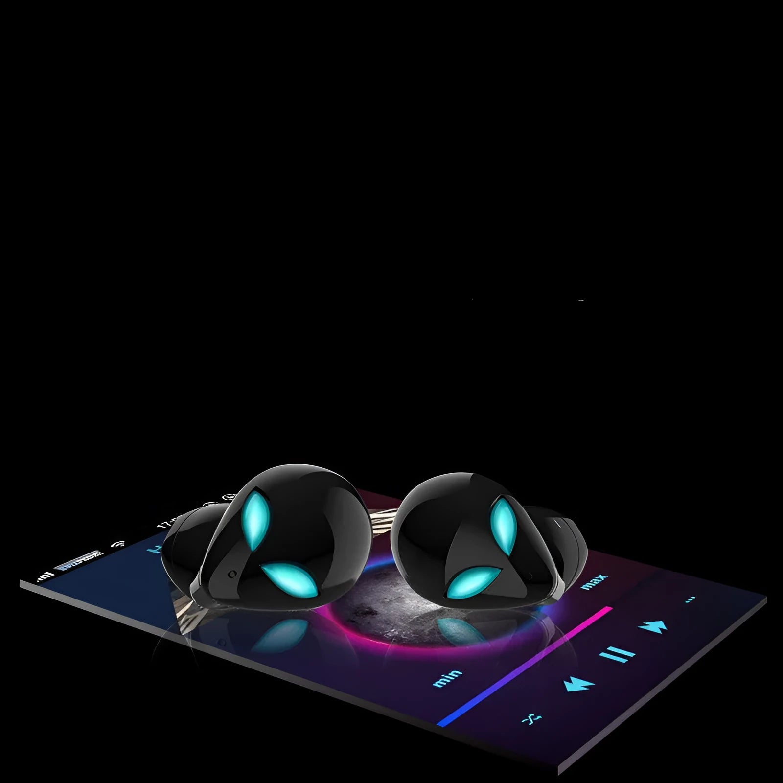 Creative Outer T8 Starman alien design wireless earbuds with LED lights next to charging case.