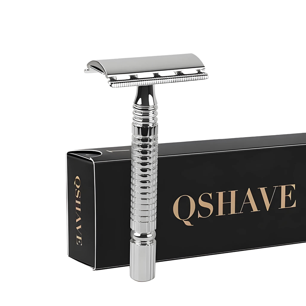 Chrome double edged safety razor with brass handle and storage box