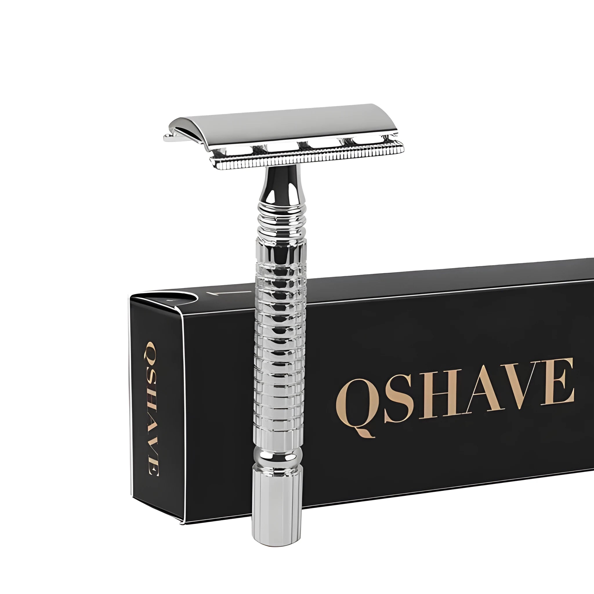 Chrome double edged safety razor with brass handle and storage box