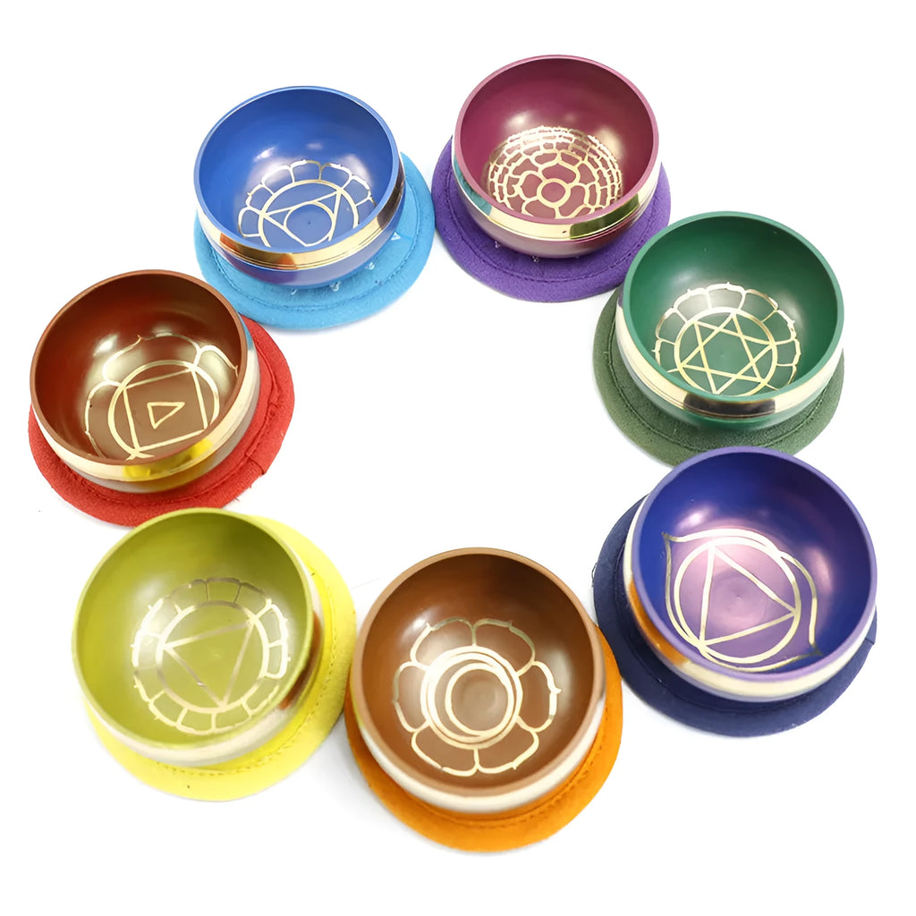 Handmade Himalaya singing bowl in one of seven colours: orange red, green, blue, sky blue, purple, yellow, or red