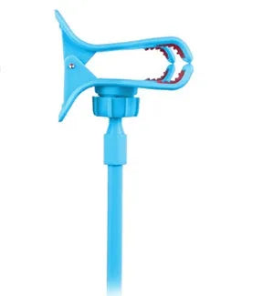 Black portable phone holder with a long flexible arm and a V-shaped clip, extended on a bedside table.