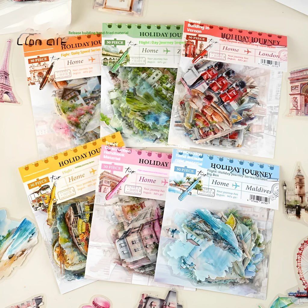 Retro-style architecture journal stickers showing designs of Big Ben, Arc de Triomphe, and other global landmarks.