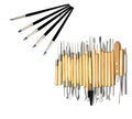27-piece brown pottery clay tool set with stainless steel, wood and plastic tools rolled in a storage bag.