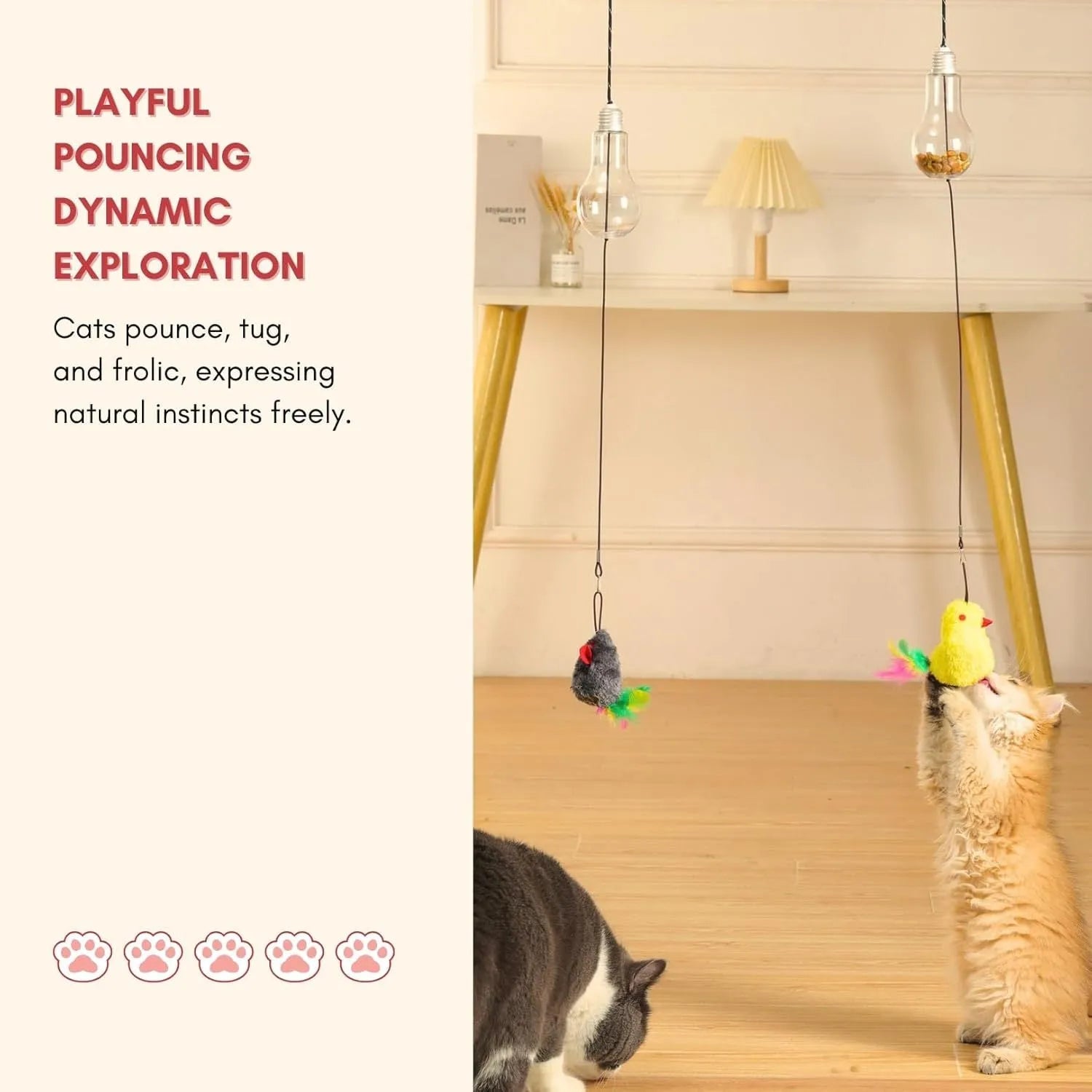 Grey and yellow retractable cat teaser toy hanging on door frame with treat bulb and dangling mouse.