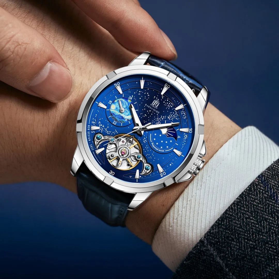 Men's blue dial automatic mechanical watch with stainless steel bracelet showing side profile with 14mm thickness