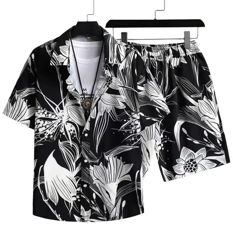 Man wearing a digitally printed short sleeve shirt and matching shorts from a casual suit set