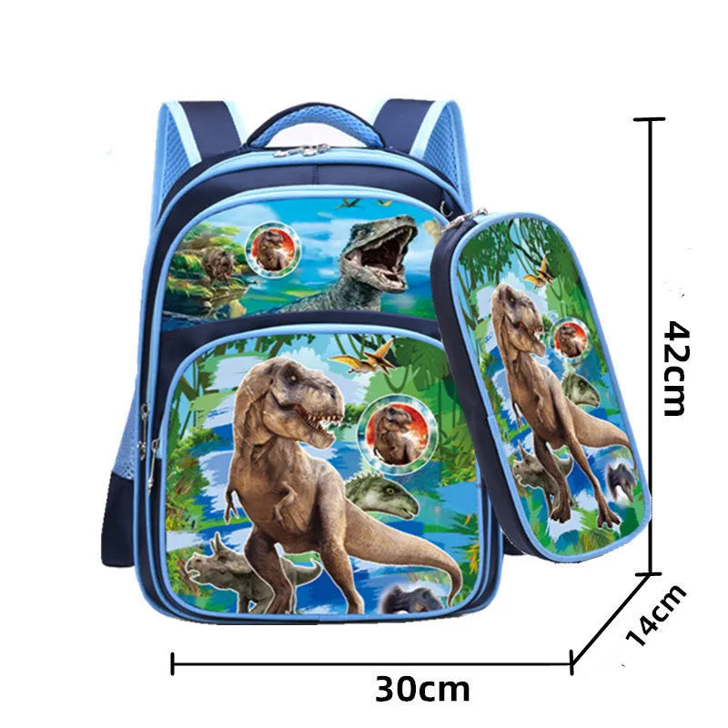 Children's sapphire blue backpack with anime cartoon prints showing dimensions and included pencil case