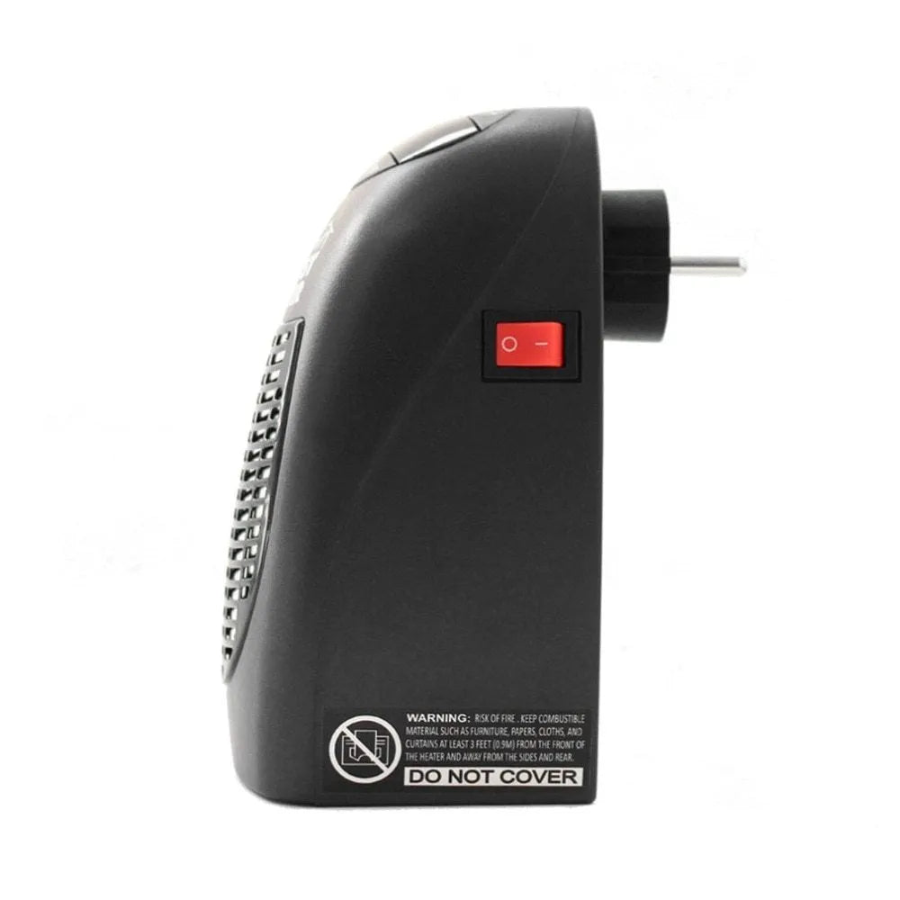 Compact black ceramic electric heater with digital display and rotating plug on a desk