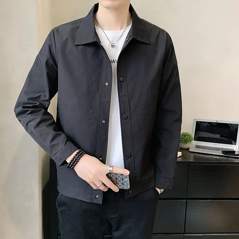 Men's Korean style thin single-layer jacket in polyester, shown in light gray.