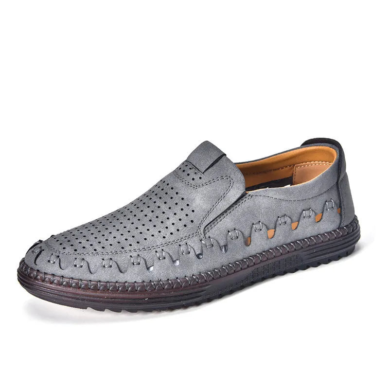 Men's brown casual slip-on shoes with round toe and flat PU leather upper.
